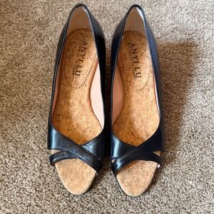 Anyi Lu Black Leather Peep Toe Cork Wedge Sandals Handmade in Italy Size 36 6B